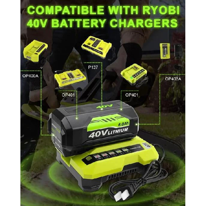 4026 6.0Ah Replacement for Ryobi 40V Battery and OP401 Charger, Compatible with Ryobi 40V Lithium Battery OP40401 OP40602