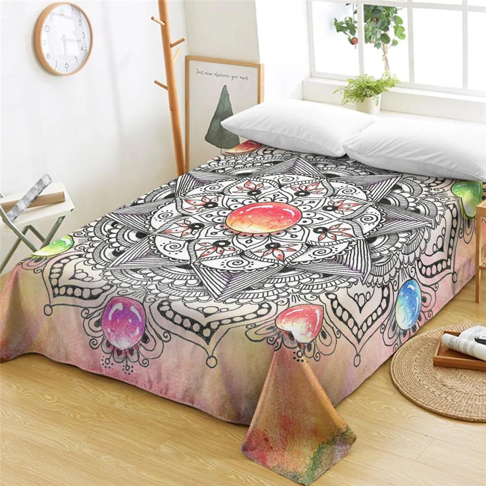 Bohemian Mandala Bed Sheet Boho Style Flat Sheet Colorful Ethnic Retro Floral Bed Linen Women King Queen Polyester Bedding Sheet