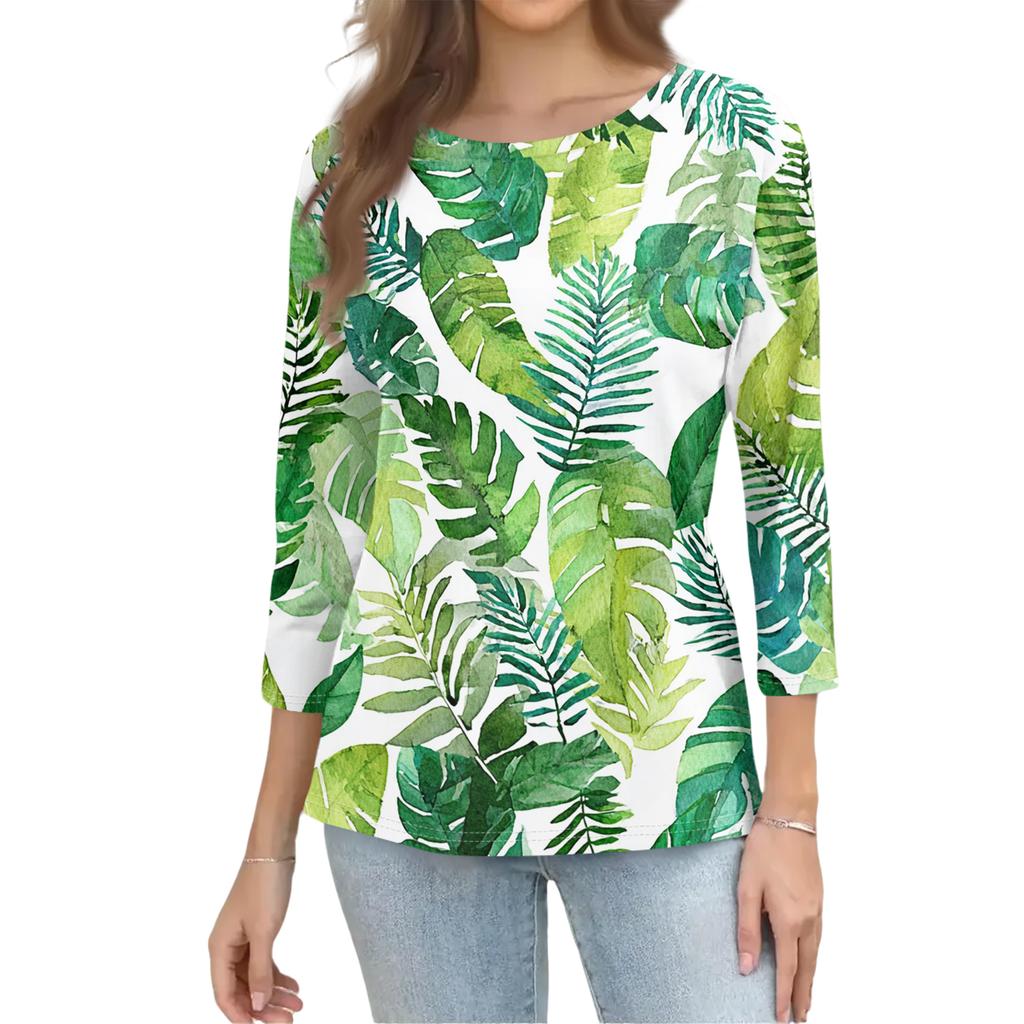 Damen Freizeit Rundhals Dreiviertelarm Blumenprint T-Shirt Lockere Passform Leichtes Oberteil für den Alltag