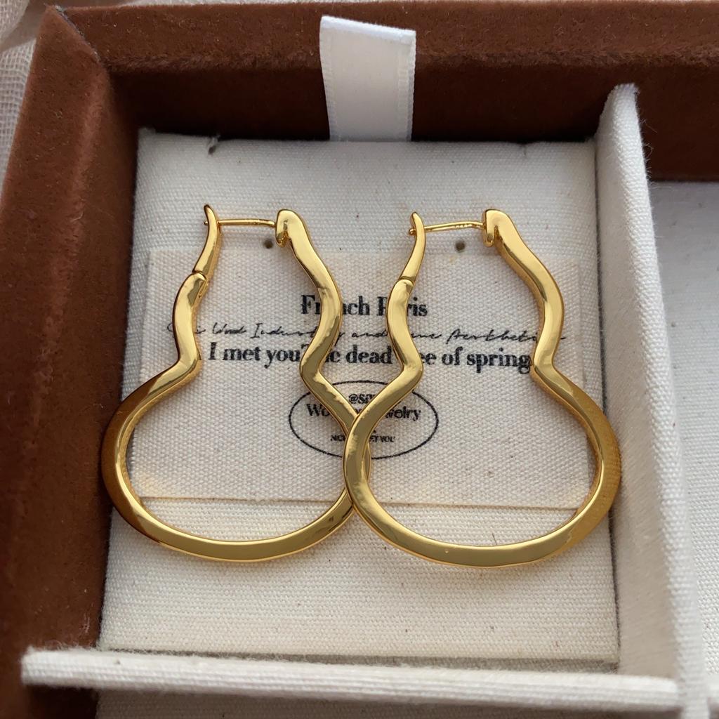 Unique Niche French Retro Cold Wind High-End Ear Buckle Brass 22K Real Gold Simple Circle Temperament Earrings