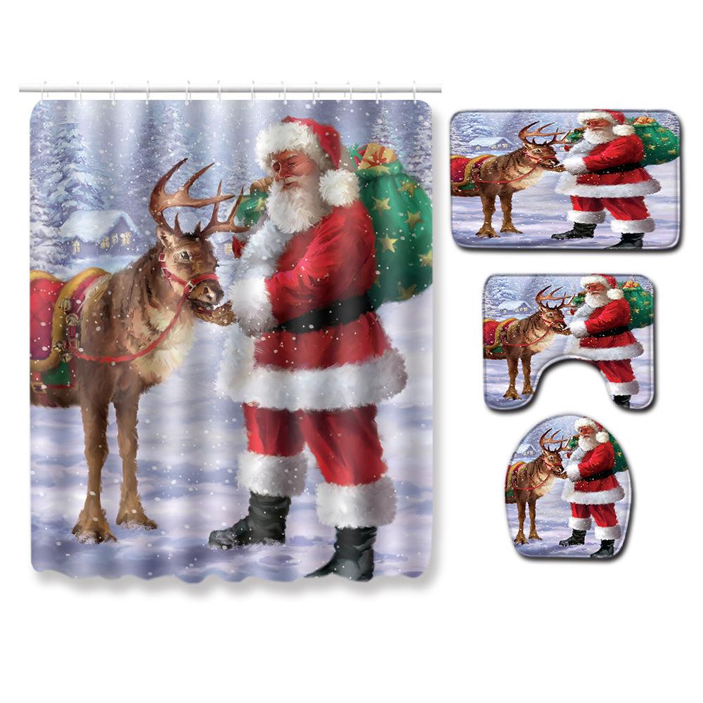 Christmas Shower Curtain Floor Mat Combination Four-Piece Set Bathroom Toilet Carpet Shower Room Mat Foot Mat