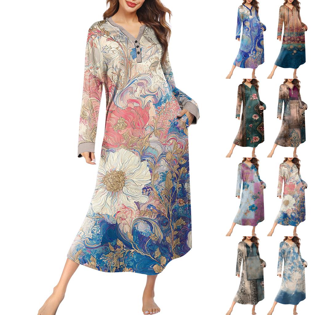 Women's Nightgown Long Loungewear V-neck Nightdress With Pockets