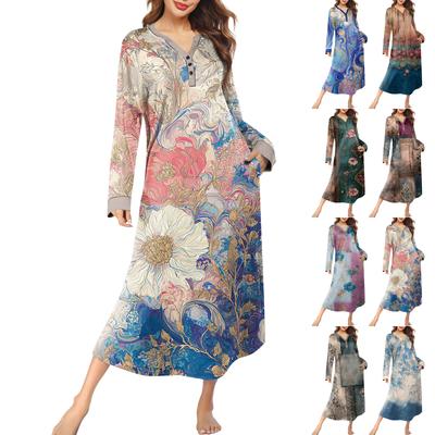 Women's Nightgown Long Loungewear V-neck Nightdress With Pockets