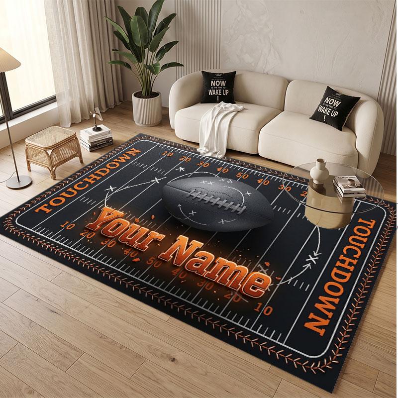 American Football Theme Soft Crystal Velvet Rug Custom Name & Text Print Non Slip Floor Rug for Bedroom Living Room