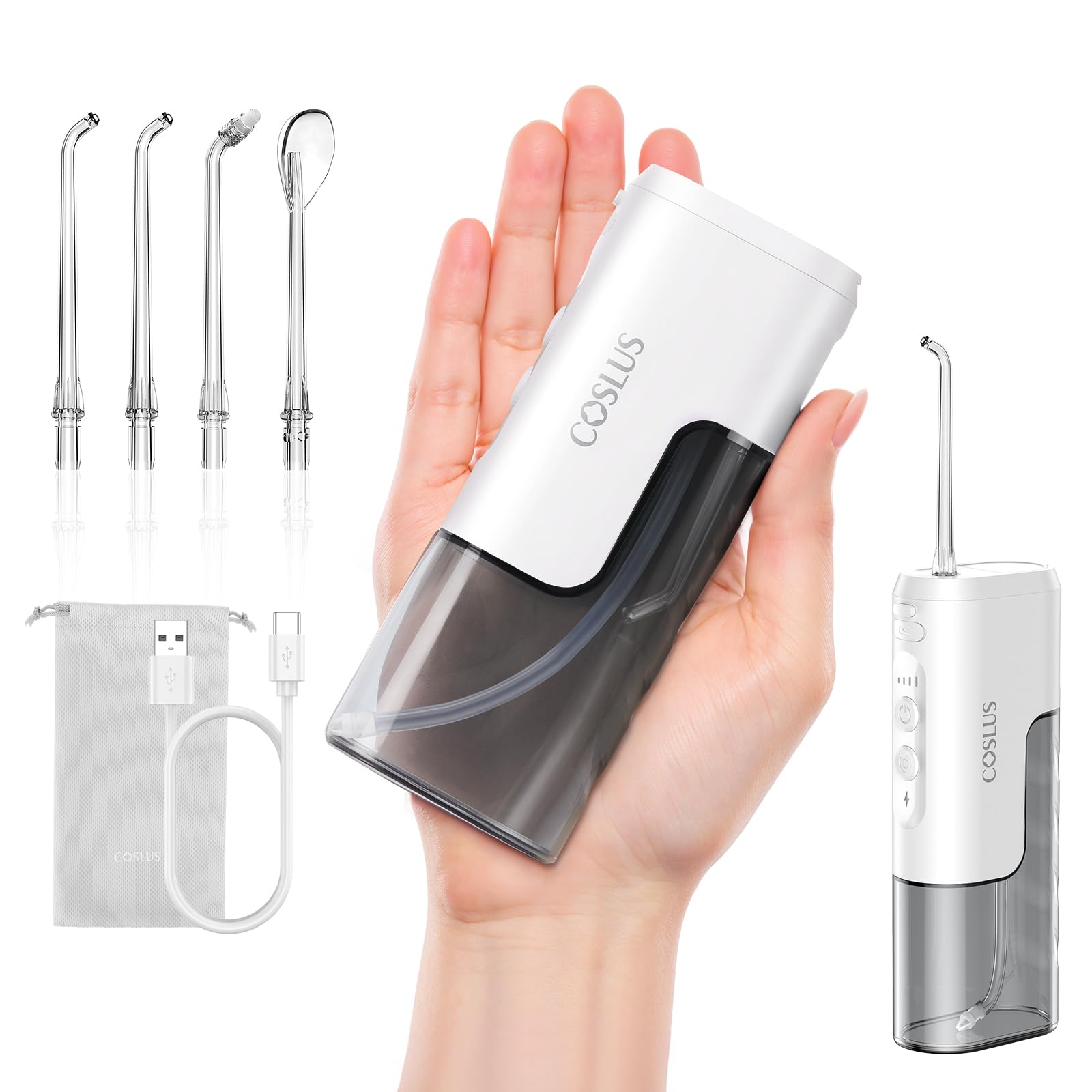 

COSLUS Jet Портативний Оральний Легкий Знімний Потік Води IPX7 Насадка Не Потрібен Стільниця у Ванній T40 Ультра-Компактна Мийка, Бездротова, Іригатор, білий