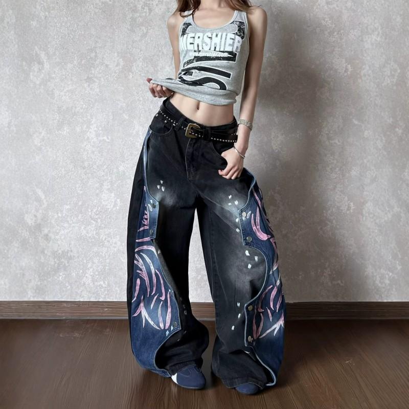 Damen High-Waist Zerrissene Patchwork Graffiti Denim Jeans Lockerer Schnitt Streetwear Hip Hop Hosen