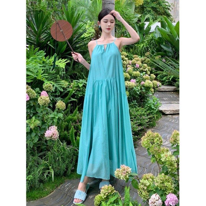 French hollow camisole dress for women, summer seaside vacation beach dress, pleated lazy and relaxed long skirt