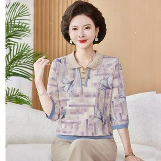 

2026 Trending Short-Sleeve Summer Top for Middle-Aged and Elderly Women: Elegant T-Shirt 5XL синій