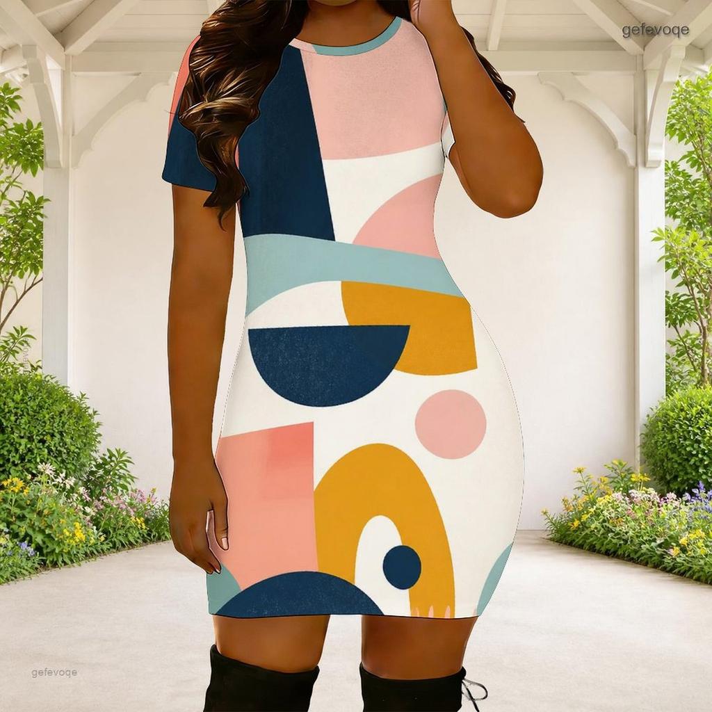 Women Plus Size Round Neck Short Sleeve Black Grey Abstract Printed Fitted Mini Dress