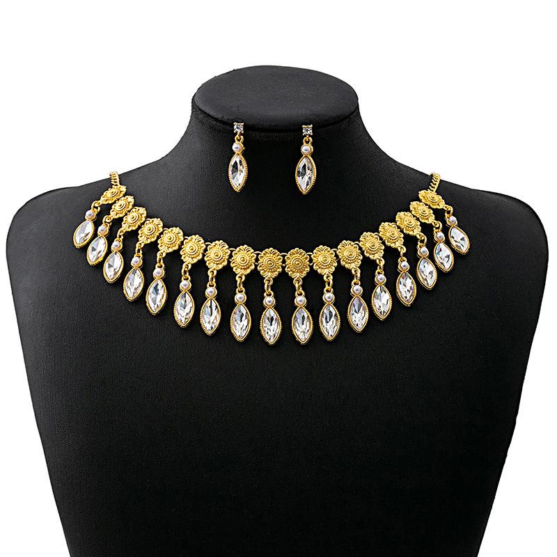 Vintage Fashion Jewelry Set, Dinner Dress Accessories, Geometric Water Drop Necklace, Diamond-Encrusted Pearl Earrings, Women'S