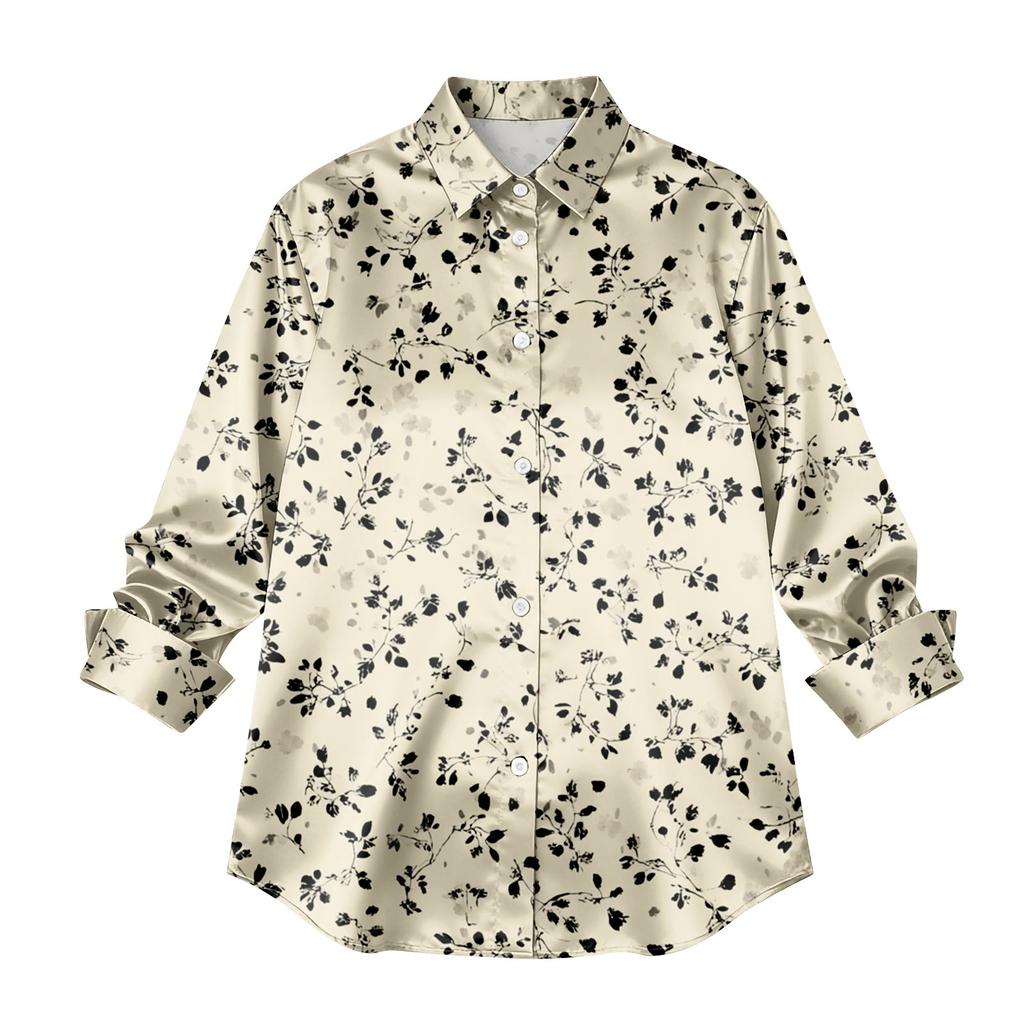 Camisa de mujer Blusa estampada Botones Manga larga Casual Camisa básica Cuello regular