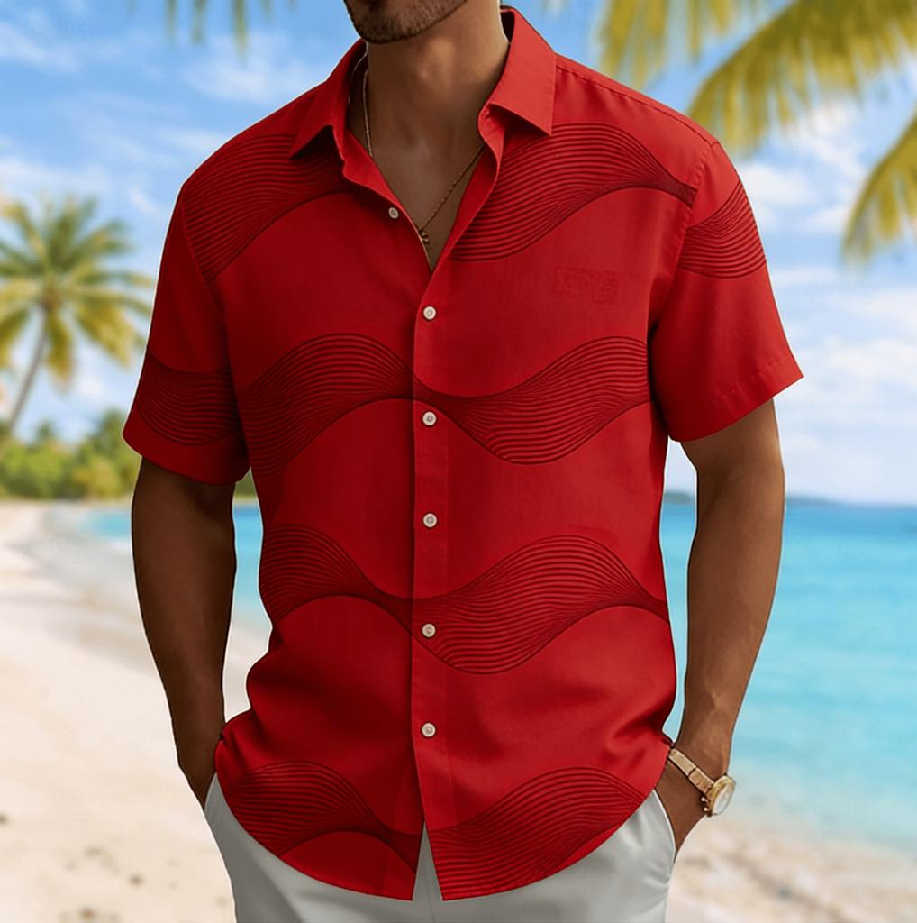 Herren Hemd mit Wellenlinien-Print, Kurzarm, Frühling Sommer Lässig, Pendler, Umlegekragen, Bluse, Locker sitzendes Oberteil