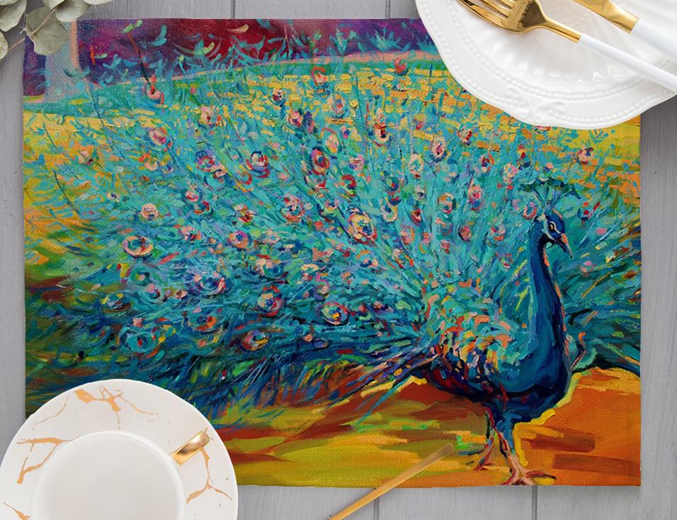 

Europe Retro Mysterious Oil Painting Style White Green Couple Peacock Print Dining Mat Peacock Feather Linen Placemat Cup Pads 2pcs 30x45cm