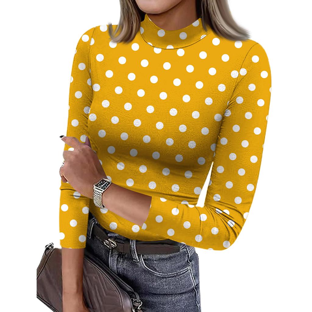 Women's Slim Bottom T-shirt Fashion Casual Polka Dot Printing Round Neck Pullover 3/4 Sleeve Top