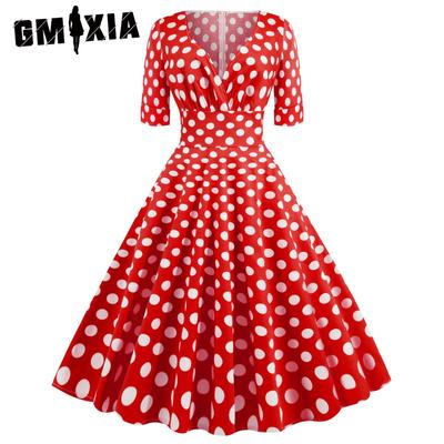Polka-dot Desen Vintage Yaz Bahar V Yaka Kısa Kollu Elbise Pompadour Etek