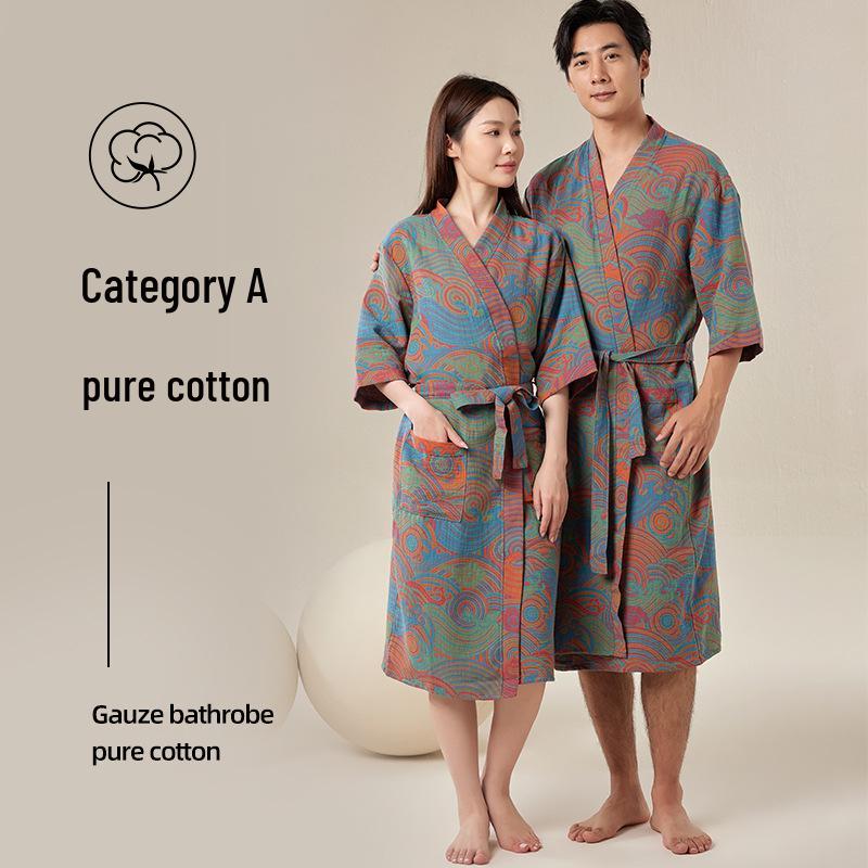 Pure Cotton Double Gauze Chinese Style Couple Bathrobe - Spring/Summer, Thin, Absorbent, Quick-Drying Pajamas/Homewear