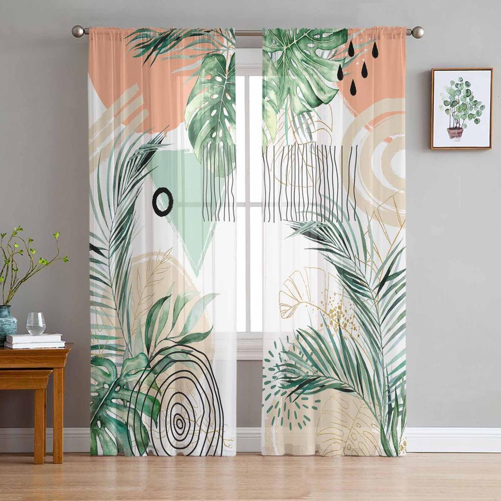 Summer Tropical Palm Leaf Watercolor Voile Sheer Curtains Living Room Window Tulle Curtain Kitchen Bedroom Drapes Home Decor