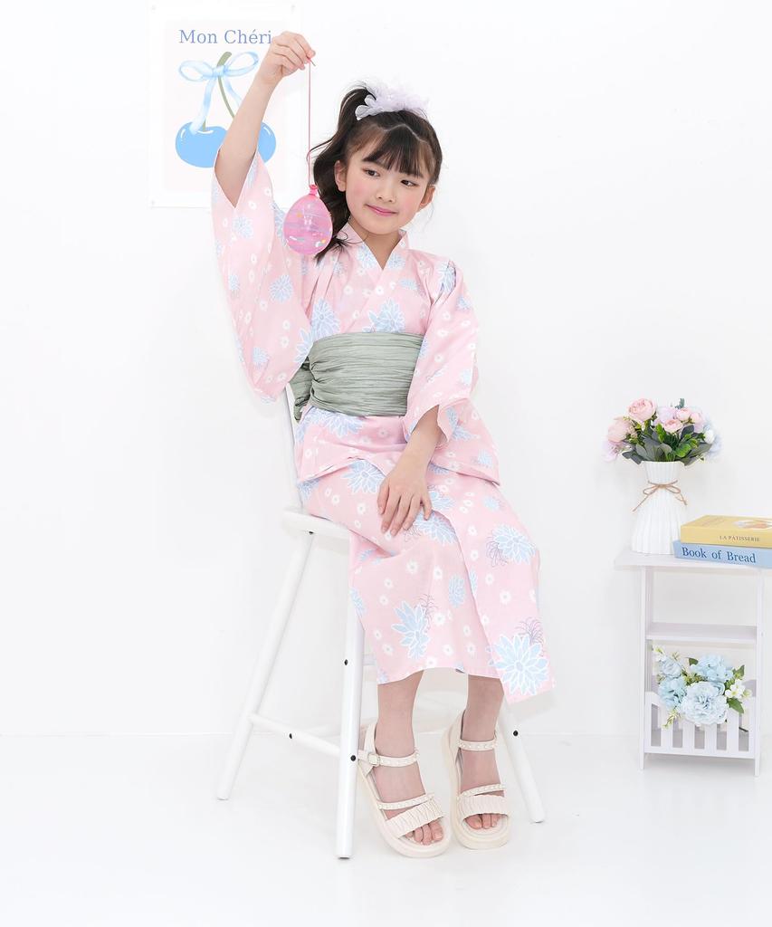 Bee Yukata Set for Easy to Separate Perfect for Festivals and Fireworks Dusky Pink with Chrysanthemum Design 3-Piece Girls, Summer, Wear, Style,