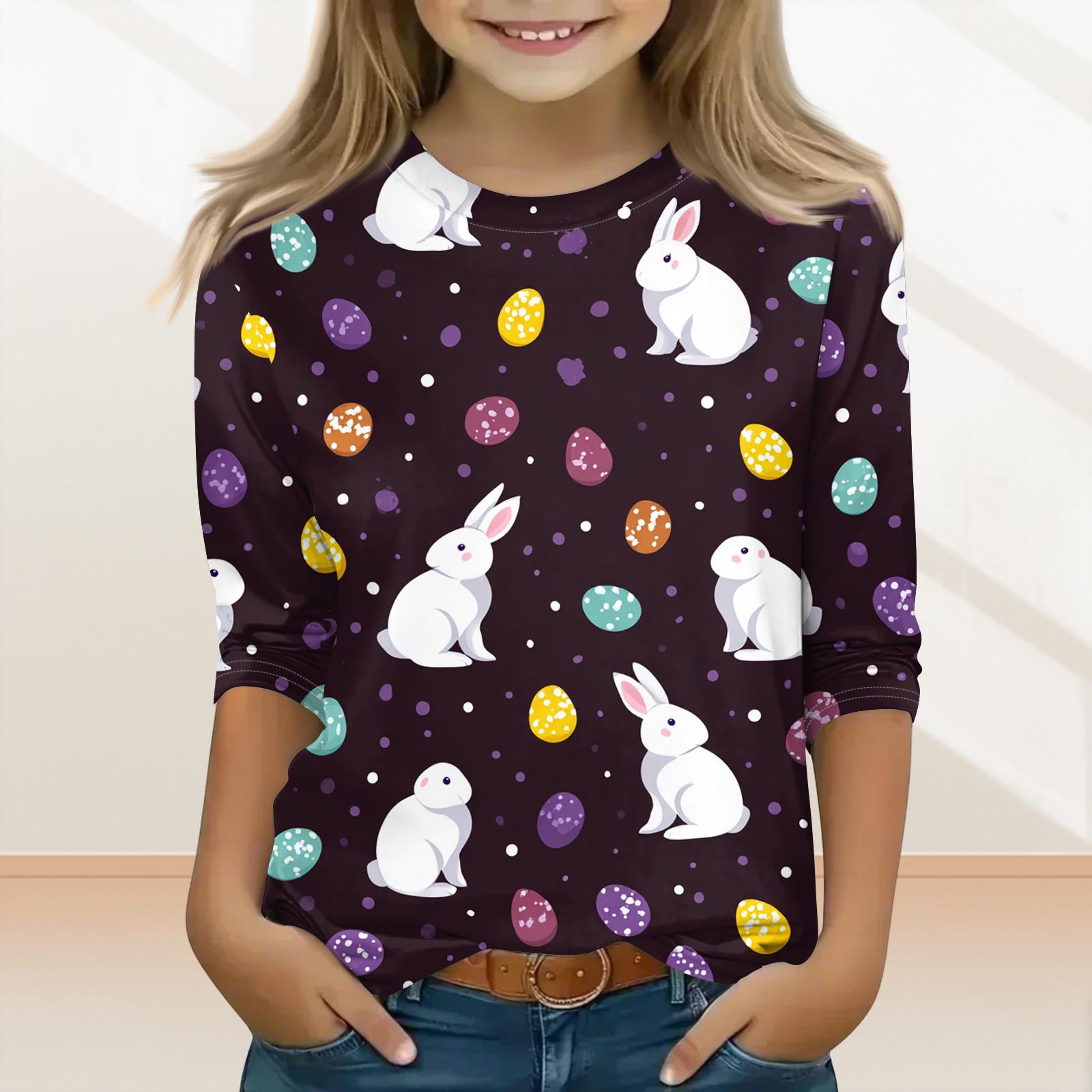 

Children s Three-quarter Sleeve Round Neck Top With Easter Print, Casual Everyday Top 160 білий