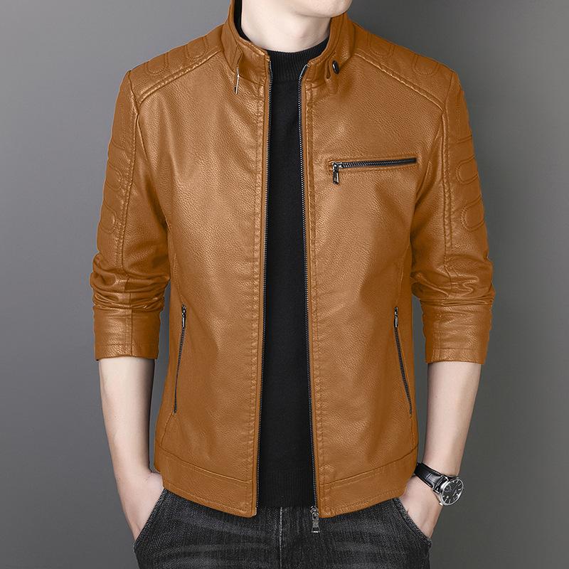 PU Leather Men's Slim Jacket Autumn and Winter Velvet Jacket Men's Casual Stand-up Collar Leather Jacket