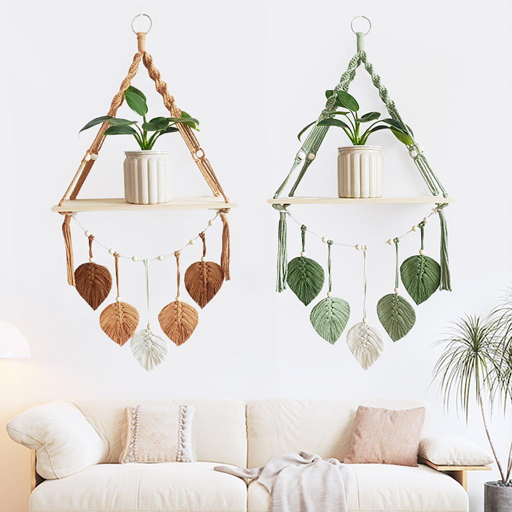 Boho Woven Wall Hanging Shelf Macrame Plant Holder & Storage Rack for Home Decor Khaki