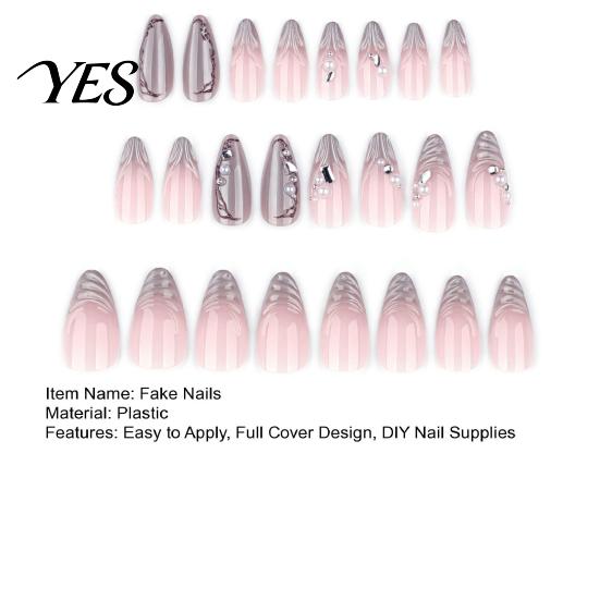 DIY Manicure Supplies 24Pcs Water Ripple Press on Nails for Women, Faux Pearl Almond Glossy Finish Stick-on Fake Nails, Removable Full Cover