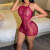 Sexy hip skirt burgundy nightdress neck jacquard perspective lingerie mesh sling