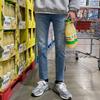 Men's Jeans Spring Slim-Fit Straight Casual Pants High Street Ripped Nine-Point Pants Tide