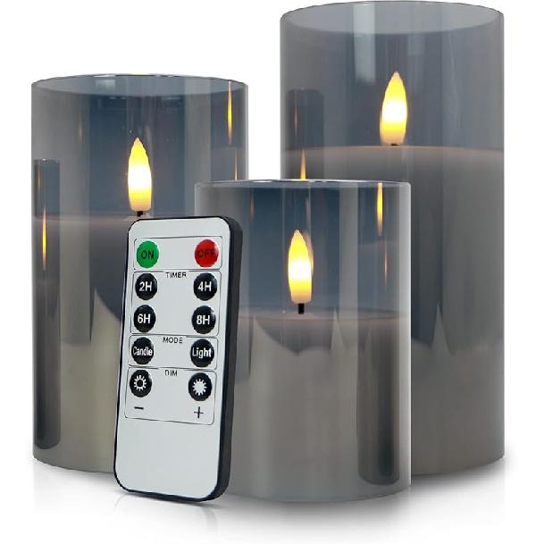 Rechargable Flameless Candles with Timer & Remote Control, Built-in Battery LED Candles, Gray Glass Candles Gift Set, Set of 3 Pillar Flickering