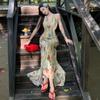 Holiday mesh printing neck dress women's summer retro temperament slim fishtail skirt slim hip wrap dress