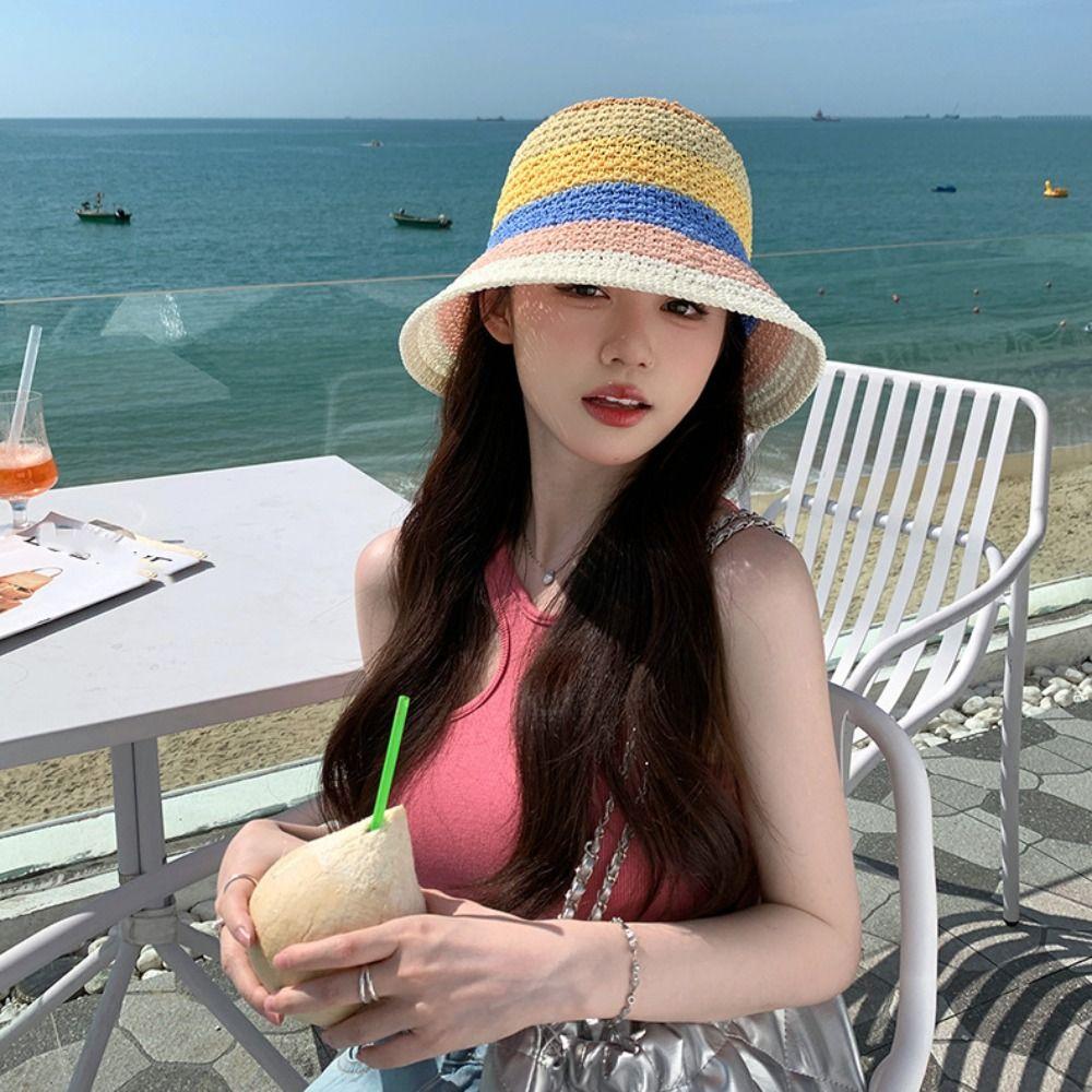 Stripe Sunscreen Bucket Hat Weave Beach Fisherman Hat Sweet Rainbow Straw Hat  Outdoor Sports