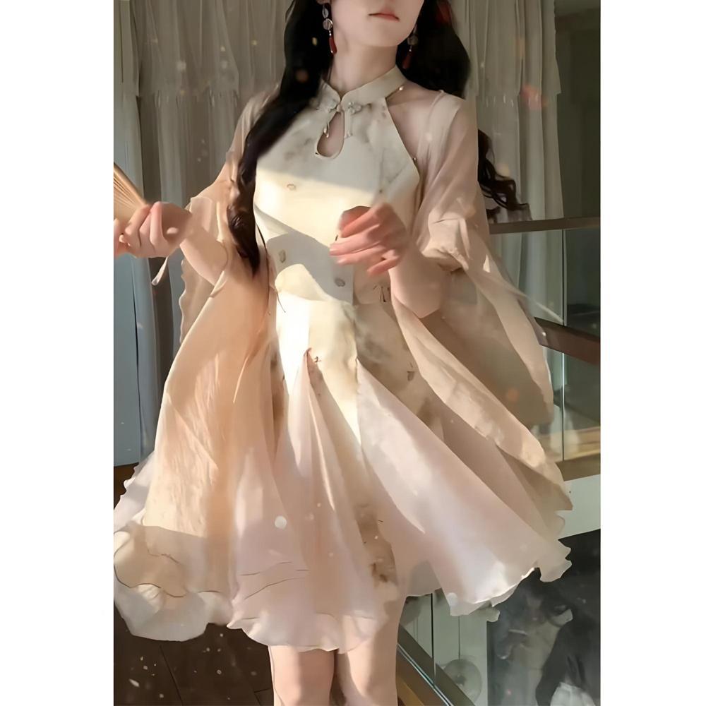 

Женское улучшенное платье ципао без рукавов летнее темпераментное с талией пышная короткая юбка XL- (recommended 110-60kg)