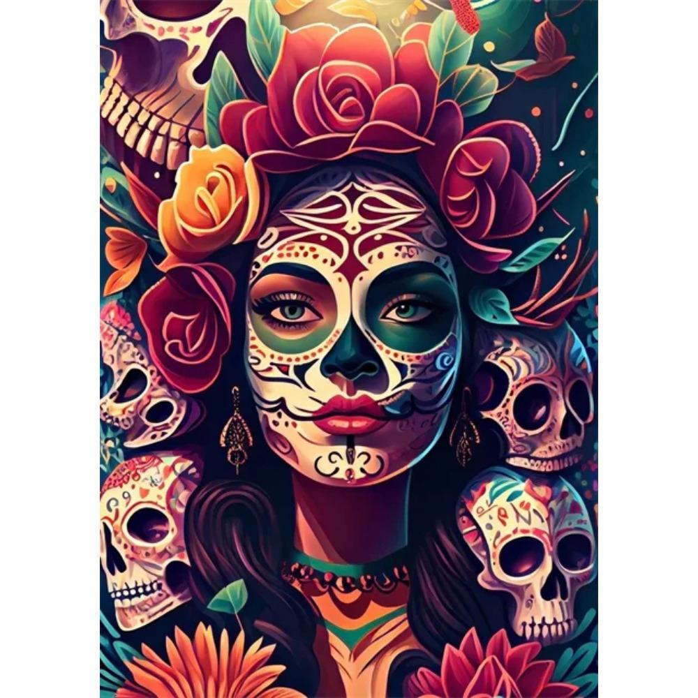 Festive and Mysterious Mexican Girl Day of Dead Gothic Sugar Skulls Canvas Painting Posters Prints Wall Art Picture Home Decor