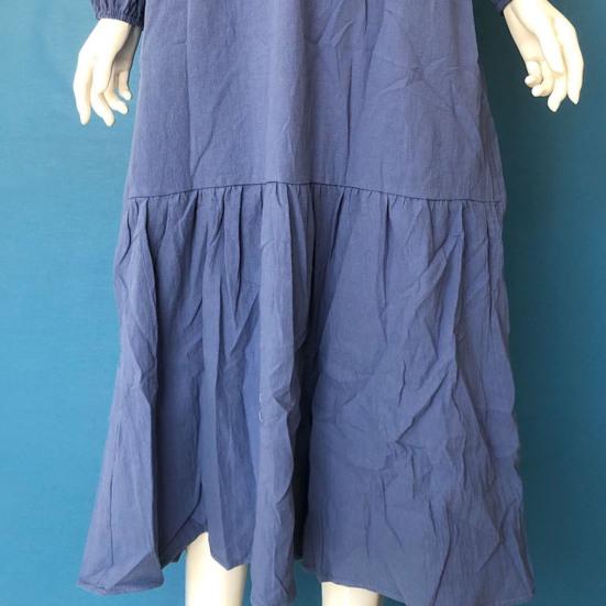 Women Bohemian Cotton Linen Dress Oversized V-neck Long Sleeve Swing Dress Pleated