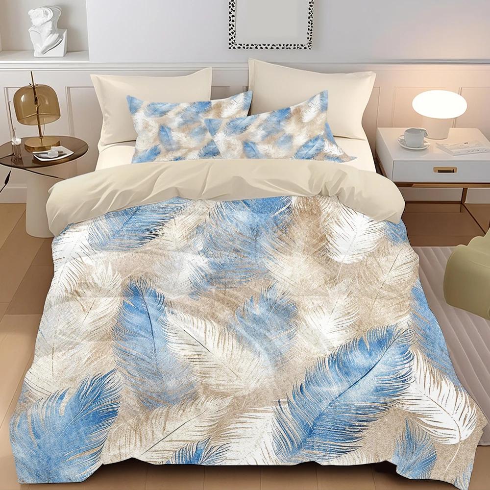 

3pcs Feather Decoration Printed Quilt Set- Includes 1 Quilt Cover and 2 Pillow Cover (without Filler) 135x200cm