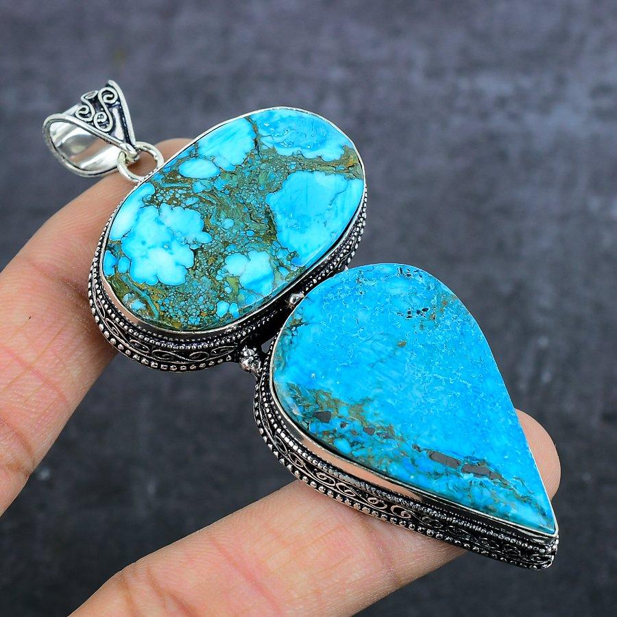 Tibetan Turquoise Gemstone 925 Sterling Silver Jewelry Pendant 3.55"
