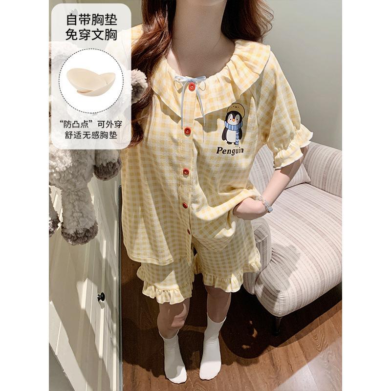 Girly pajamas women s spring with chest pads, cloud cotton plaid penguin embroidery, sweet and cute loungewear set M