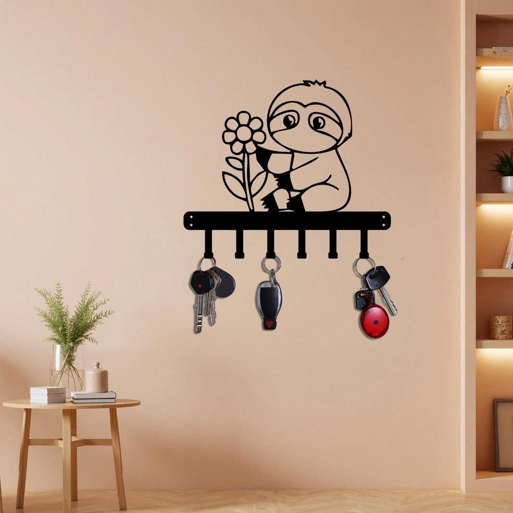 Metal Wall Mount Key Holder with Sloth Bear and Flowers Design Decorative Home Entryway Organizer