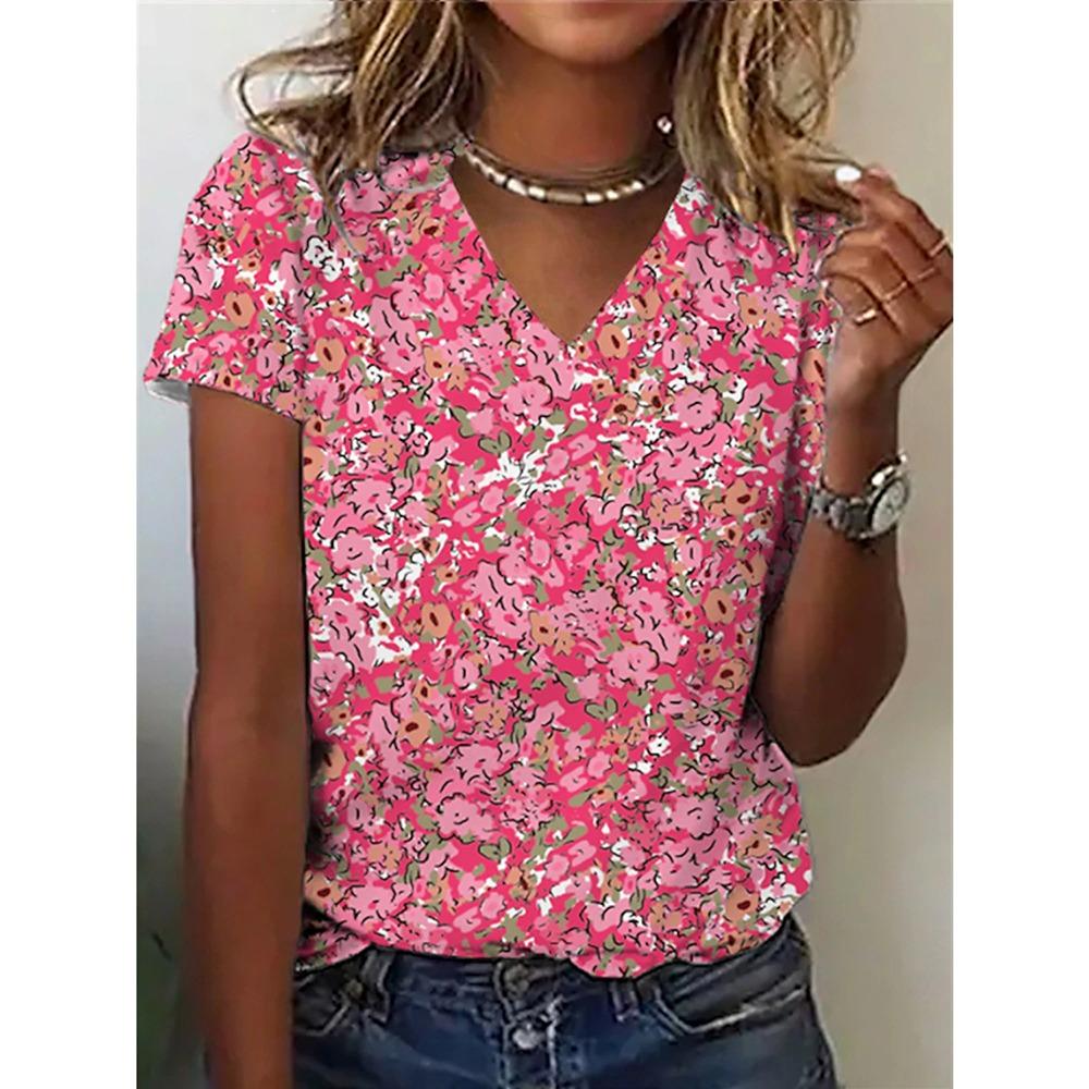 T-shirt da donna retrò casual nera moda scollo a V pullover manica corta stampata larga top quotidiano