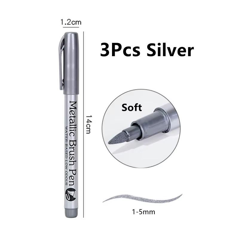 

3pcs Metallic Marker Pens, Gold Silver White Waterproof Permanent Brush Paint Marker Pen DIY Drawing Manga Crafts Art Supplies