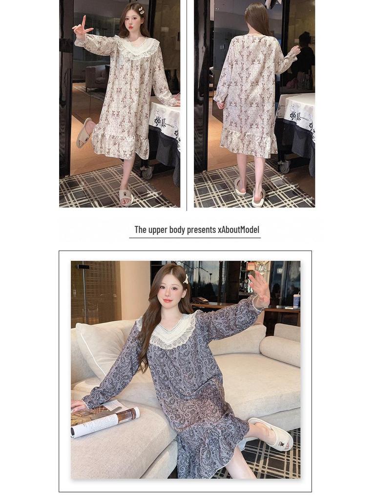 2025 V-Neck Pearl Cotton Long Sleeve Nightgown with Chest Pad – Spring/Autumn Oversized Sleep Dress for Indoor/Outdoor Wear