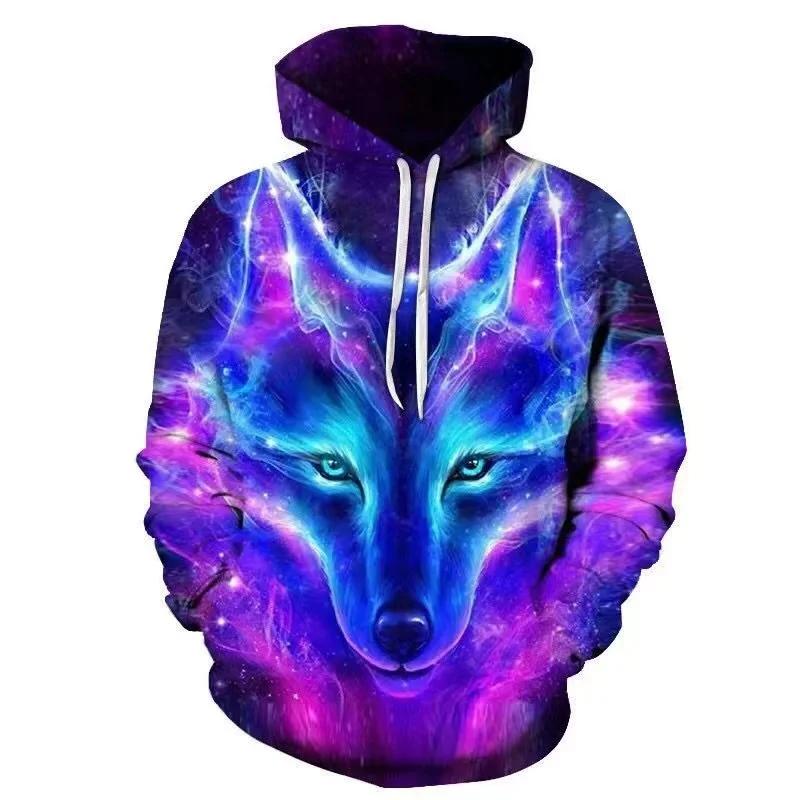 Spring and Autumn Men's Junior Wolf Hoodie Fashion 3D Wolf Printing Loose Streetwear Funny Animal Street Hip Hop Sweatshirt