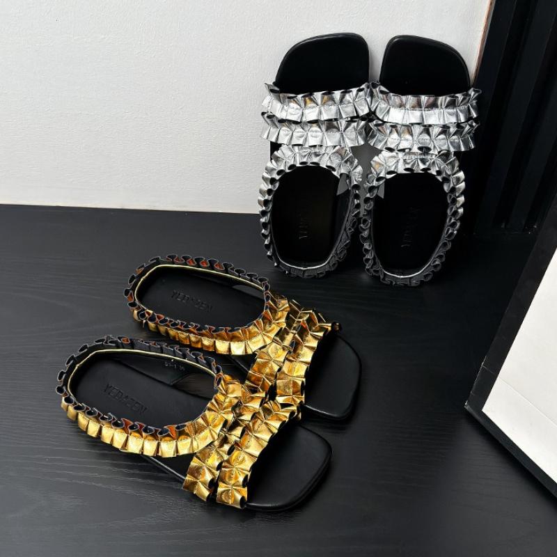Fashion Fashion Gold Pleated Designer Slippers Women Summer Sexy Open Toe Slide Sandals Comfort Non Slip Beach Sandal Sandalias De Mujer