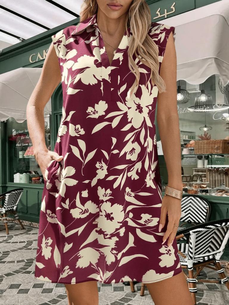Women's Boho Floral Shirt Dress V Neck Collar Cap Sleeve Loose Dress with Pockets