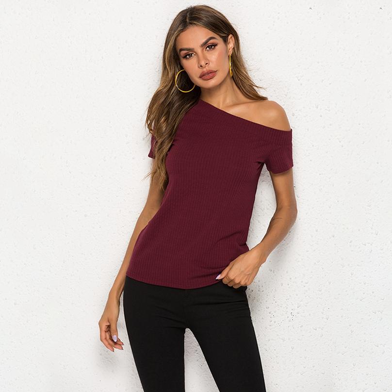 Europäischer Stil Sommer Damen Einfarbige Schrägschulter Oberteile Enges Kurzarm-T-Shirt
