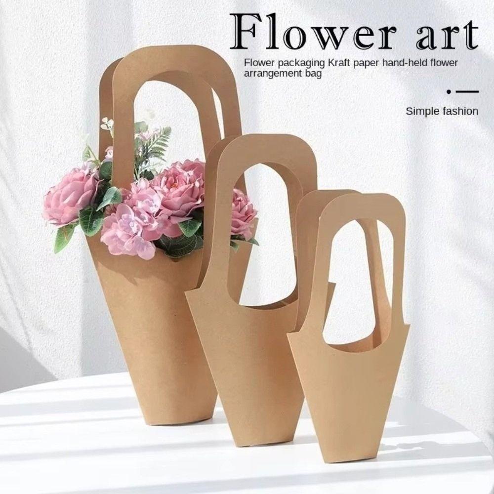 10Pcs Handheld Flower Basket Kraft Paper Tote with Handle Flower Paper Box Valentine Day Gift Tote