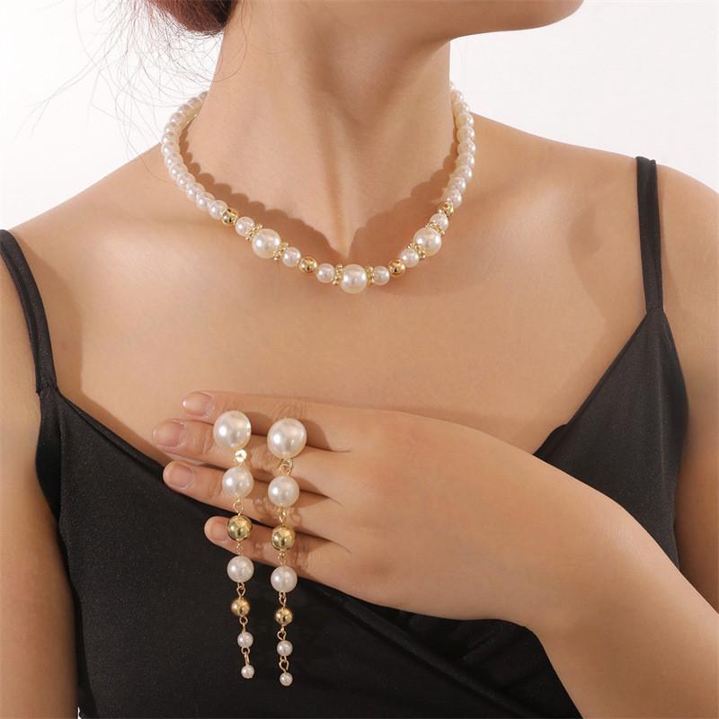 Pearl Necklace And Earring Set With Geometric Design For Fashion Women