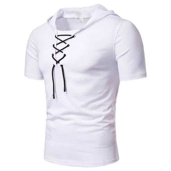 Men T-shirt Pure Color Lace-up Breathable Casual Summer Top for Daily Wear