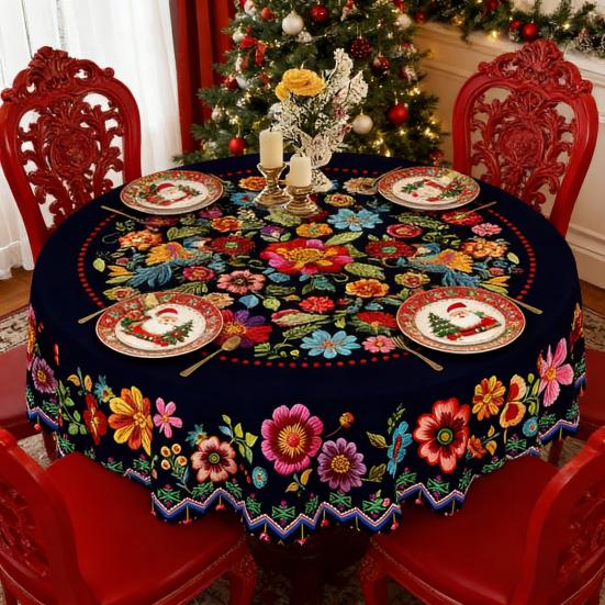 Mexican Floral Tablecloth Round Table Cover with Scalloped Edge Colorful Flower Folk Art Pattern