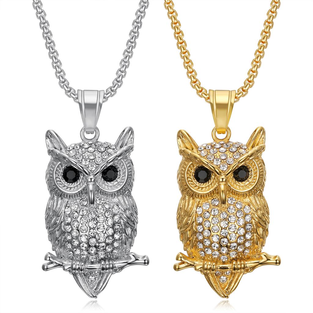 Neuer Hip-Hop Schmuck Titanstahl Vergoldet Diamantbesetzt Eulen Anhänger Halskette